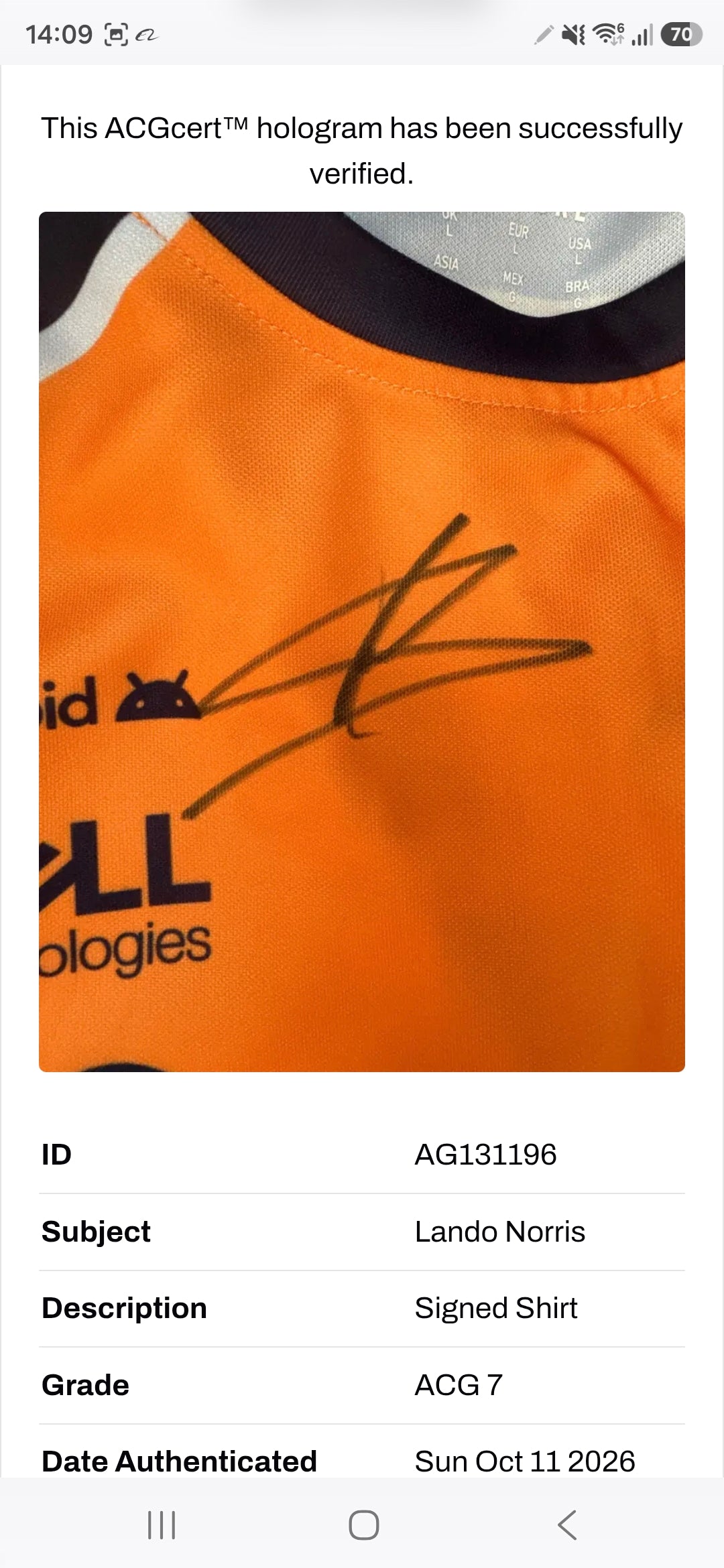 Lando Norris Signed F1 Mclaren Shirt-Deluxe Framed (ACG CERT AG131196)