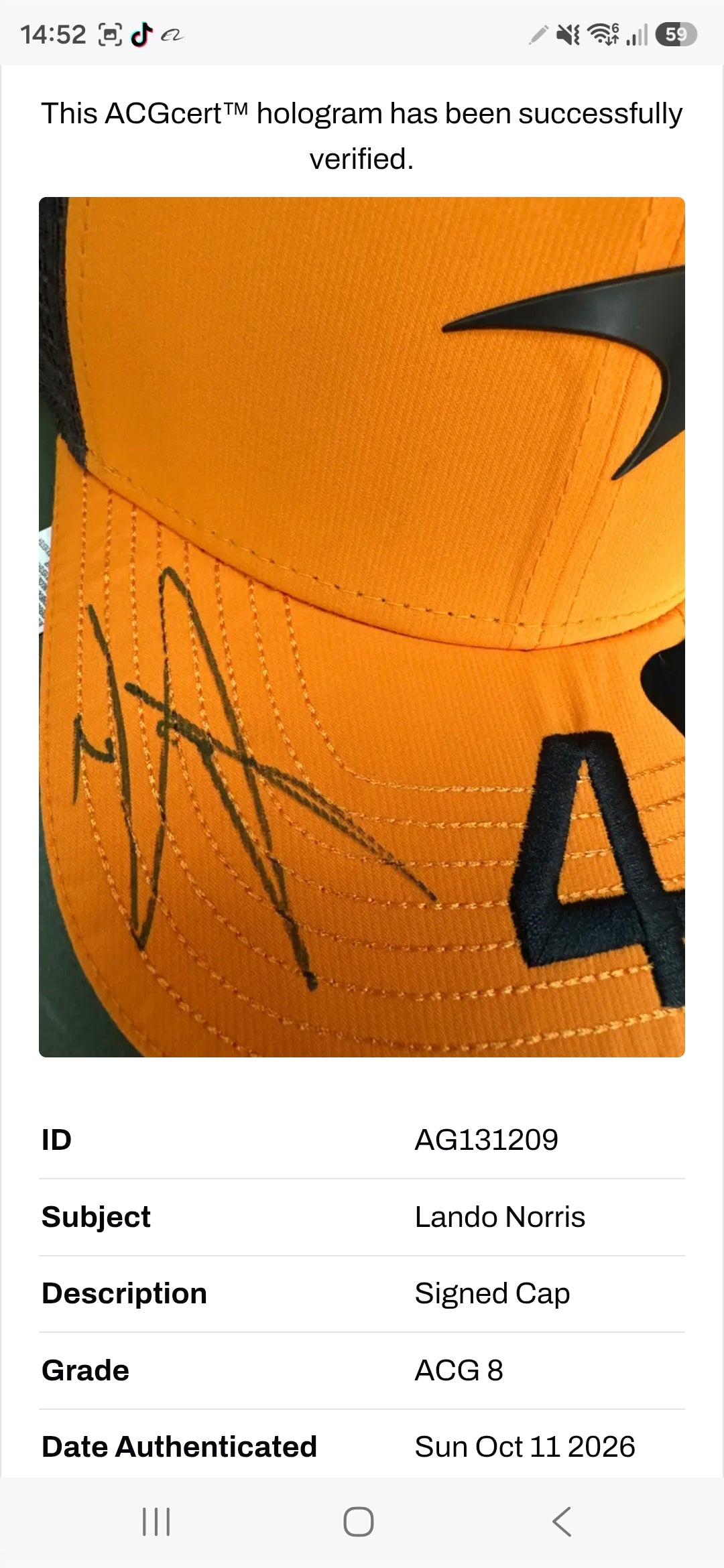 Lando Norris Signed Mclaren Cap -Deluxe Framed (ACG CERT AG131209)