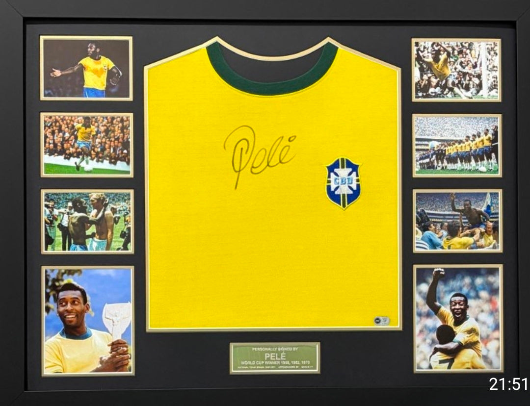 Pele Signed Brazil Shirt - Deluxe Framed
