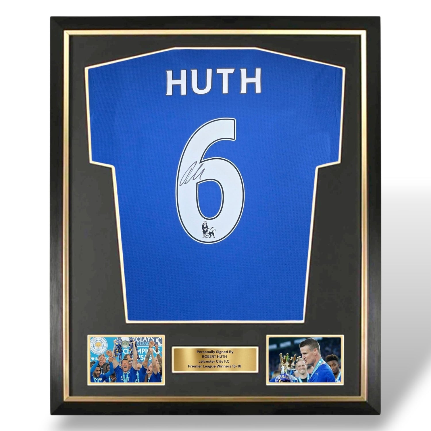 Robert Huth Signed 2015-16 Champions Home Shirt-Deluxe Framed