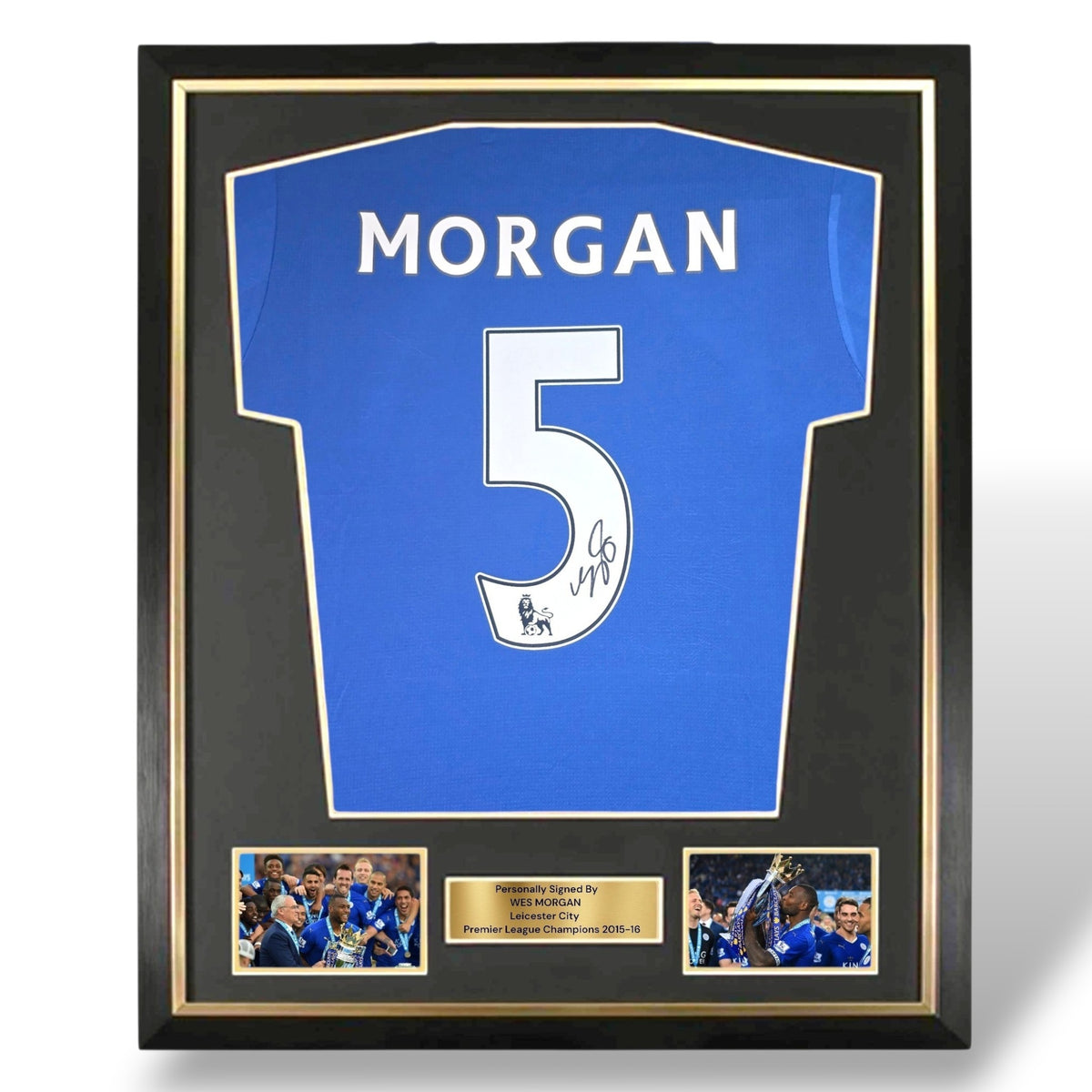 Wes Morgan Signed 2015-16 Champions Home Shirt-Deluxe FramedFramed