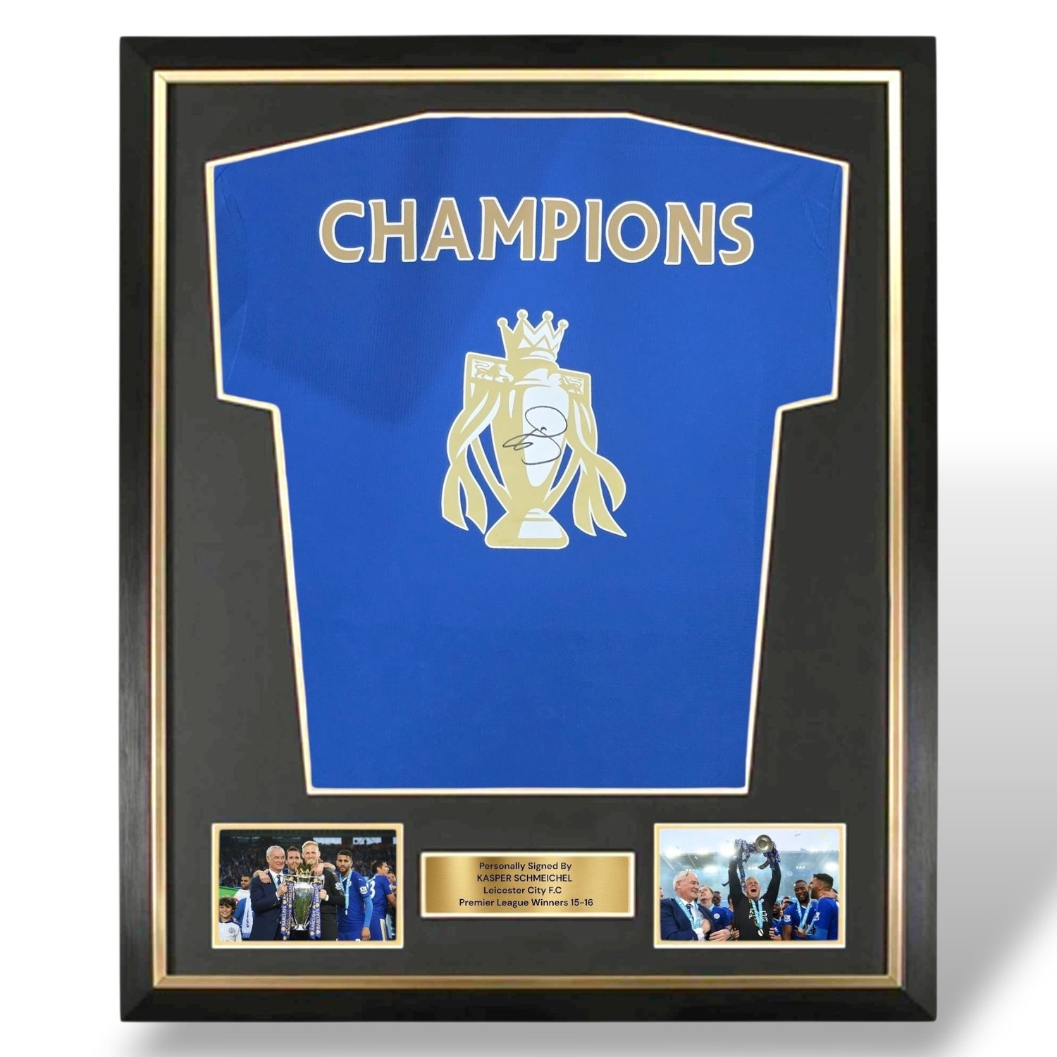 Kasper Schmeichel Signed 2015-16 Champions Home Shirt-Deluxe Framed
